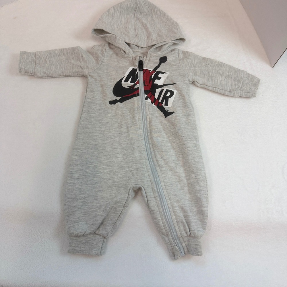 Jordan Hooded Romper Kids 0-3M Gray Excellent Nike Air Jumpman Logo One Piece